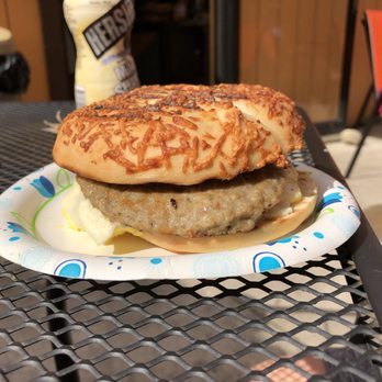 Coffee Break Cafe - Sausage egg and cheese Asiago bagel - Coffee & Tea Near Me - Hampton, New Hampshire