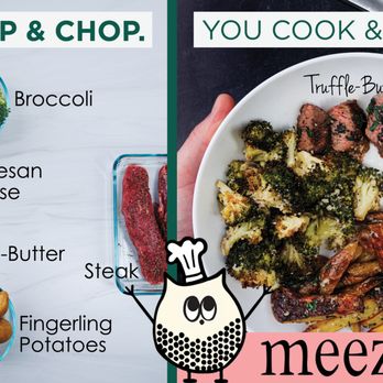 Meez Meals - Left side: how ingredients arrive to you chopped, prepped & measured. Right side: finished Truffle Butter Steak Frites w/30 min of cooking! - Food Delivery Services Near Me Meez Meals - Left side: how ingredients arrive to you chopped, prepped & measured. Right side: finished Truffle Butter Steak Frites w/30 min of cooking! - Food Delivery Services Near Me