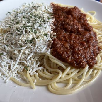 The Old Spaghetti Factory - Half Mizithra Cheese & Browned Butter and half Rich Meat Sauce - Italian Near Me - Chesterfield, Missouri The Old Spaghetti Factory - Half Mizithra Cheese & Browned Butter and half Rich Meat Sauce - Italian Near Me - Chesterfield, Missouri