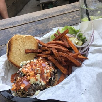 Workhorse Bar - Buffalo veggie burger with sweet potato fries - Dive Bars Near Me - Austin, Texas
