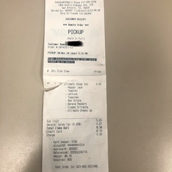 Subway - a receipt for a ticket to pick up - Sandwiches Near Me - San Antonio, Texas