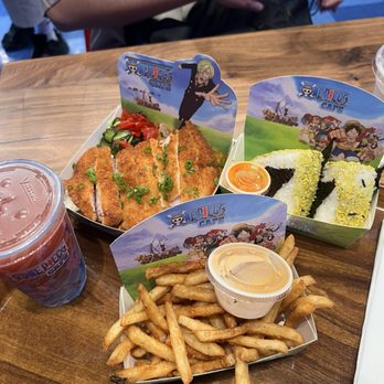 One Piece Cafe - Brook's "Soul King" Chicken Katsu Curry (Medium Spice), Zoro's Onigiri (Spicy Tuna Mayo), French Fries, and Jinbe's Ocean Burst Slushy - Themed Cafes Near Me - Los Angeles, California