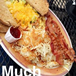 Veggie scramble with a side of bacon. Veggie scramble with a side of bacon.