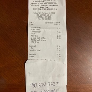 McDonald's - The info the clerk gave me and receipt to my order - Fast Food Near Me - Coachella, California McDonald's - The info the clerk gave me and receipt to my order - Fast Food Near Me - Coachella, California