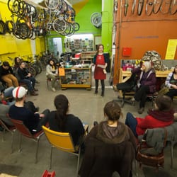 Bike Edmonton Downtown Community Workshop - Teaching bike mechanics to volunteers.