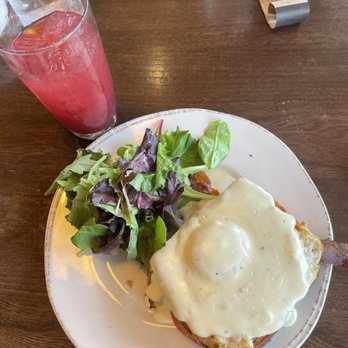 First Watch - Modern Croque Madame with Spinach Salad side and a Pomegranate Pear Punch - Breakfast & Brunch Near Me - Austin, Texas First Watch - Modern Croque Madame with Spinach Salad side and a Pomegranate Pear Punch - Breakfast & Brunch Near Me - Austin, Texas