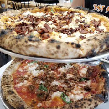 Talula's - Vegan vodka bacon pizza on top and vegan margherita plus veg sausage on bottom. - Pizza Near Me - Asbury Park, New Jersey