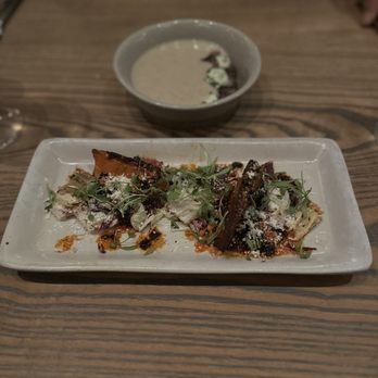 Trestle - Sunchoke Bisque and Garnet Yam Salad - New American Near Me - San Francisco, California Trestle - Sunchoke Bisque and Garnet Yam Salad - New American Near Me - San Francisco, California