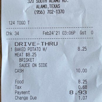 The Original Willies Bar-B-Q - The receipt. - Barbeque Near Me - Alamo, Texas The Original Willies Bar-B-Q - The receipt. - Barbeque Near Me - Alamo, Texas