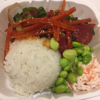 Poke & Box - Small size spicy shoyu ahi with white rice topped with green onions and onions with Taegu and edamame sides. - Poke Near Me - Honolulu, Hawaii Poke & Box - Small size spicy shoyu ahi with white rice topped with green onions and onions with Taegu and edamame sides. - Poke Near Me - Honolulu, Hawaii