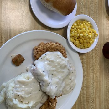Wanda J's Next Generation Restaurant - Chicken fried steak with gravy and mashed potatoes. Sides: corn, roll. - Soul Food Near Me - Tulsa, Oklahoma