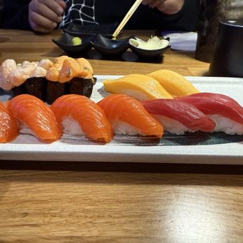 Sushi Damu - Regular and Spicy Scallop Nigiri, Tamago Nigiri, Salmon Nigiri, and Tuna Nigiri - Sushi Bars Near Me - Tustin, California Sushi Damu - Regular and Spicy Scallop Nigiri, Tamago Nigiri, Salmon Nigiri, and Tuna Nigiri - Sushi Bars Near Me - Tustin, California