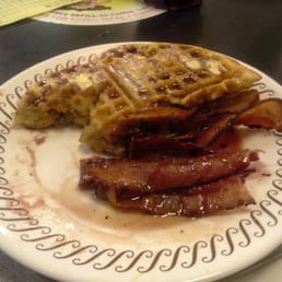 Pecan waffle with blackberry syrup and bacon! Pecan waffle with blackberry syrup and bacon!