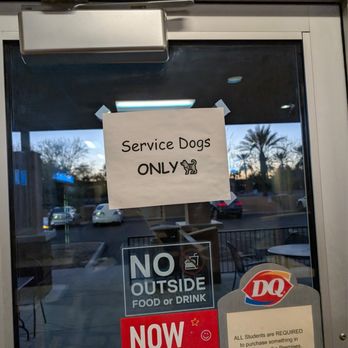 Dairy Queen Grill & Chill - Signs all over the door prohibiting animals, outside food and drink and stating that if you are a student you are required to buy something - Ice Cream & Frozen Yogurt Near Me - Chandler, Arizona Dairy Queen Grill & Chill - Signs all over the door prohibiting animals, outside food and drink and stating that if you are a student you are required to buy something - Ice Cream & Frozen Yogurt Near Me - Chandler, Arizona