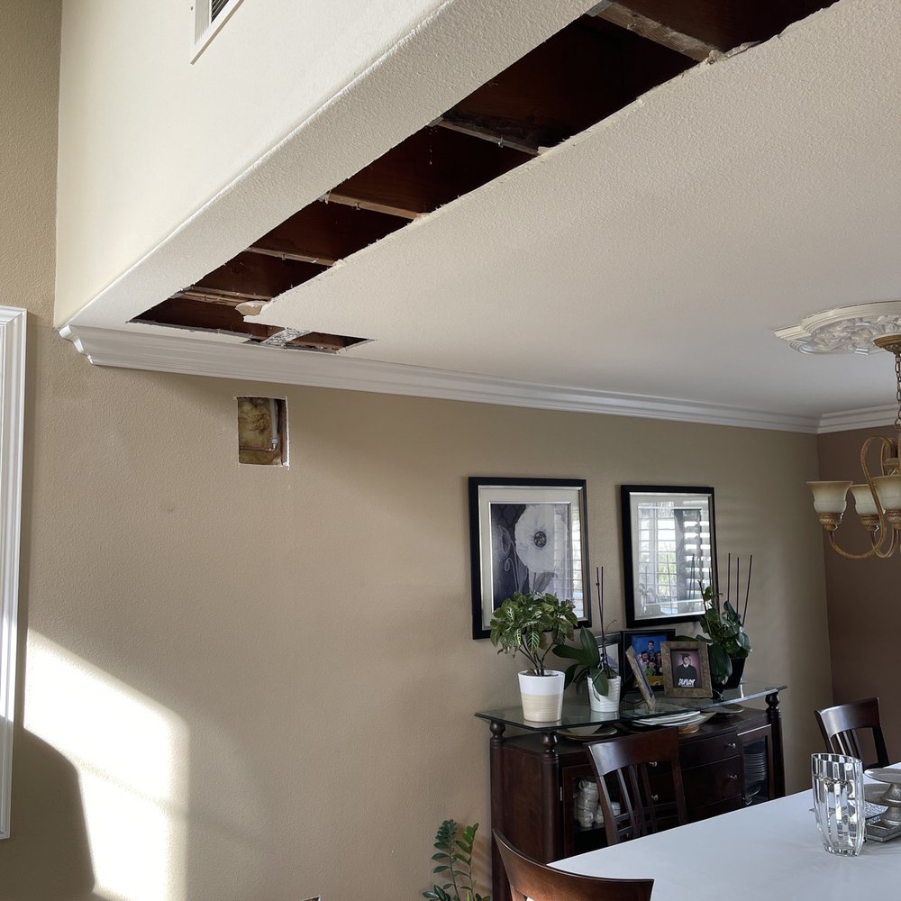 Damages to the ceiling and walls. Damages to the ceiling and walls.