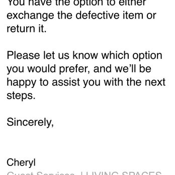 Living Spaces - The email stating I can return but will only let me return one seat and  then will leave me with an incomplete sectional. - Furniture Stores Near Me - Gilbert, Arizona