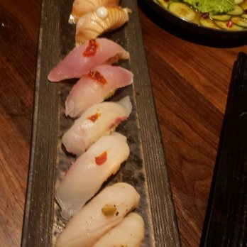 Azabu  - VIP NIGIRI SAMPLER and  top right The Bara tuna, yellowtail  with cucumber, avocado   sooooo delicious - Japanese Near Me - Whittier, California