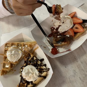Waffle O'licious - Right: build your own waffle - strawberries, Nutella, and whipped cream  Left top: peanut butter Left bottom: hot fudge - Food Trucks Near Me