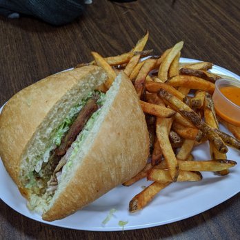 Sanguche - Butifarra with hand cut fries and hot sauce, delicious - Peruvian Near Me - Naperville, Illinois Sanguche - Butifarra with hand cut fries and hot sauce, delicious - Peruvian Near Me - Naperville, Illinois