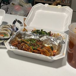 Beef Kimbap, Spicy Pork, Tteokbokki Beef Kimbap, Spicy Pork, Tteokbokki