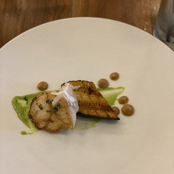 Au Courant - Monkfish with roasted zucchini with tahini and a basil pesto (I think?) - Modern European Near Me - Omaha, Nebraska Au Courant - Monkfish with roasted zucchini with tahini and a basil pesto (I think?) - Modern European Near Me - Omaha, Nebraska