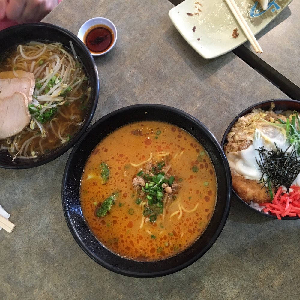 Chaya - left to right: BBQ Pork Ramen, Tan-tan ramen, Katsu Don - Ramen Near Me - Banff, Alberta Chaya - left to right: BBQ Pork Ramen, Tan-tan ramen, Katsu Don - Ramen Near Me - Banff, Alberta