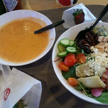Café Zupas - Toasted red pepper bisque and Mediterranean Protein Bowl - Soup Near Me - Mesa, Arizona