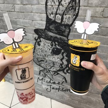 Rabbit Rabbit Tea - Buckwheat Milk Tea (Black Cup) Buckwheat Milk Tea with Strawberry Heart Jelly (clear cup) - Coffee & Tea Near Me - Santa Clara, California