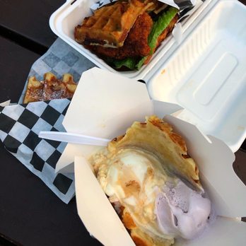 I Scream for Waffles - Nashville Hot Chicken Waffle Sandwich, Liege Waffle, Honey Lavender Ice Cream, Bees Knees Ice Cream - Food Trucks Near Me - Eugene, Oregon