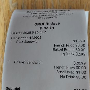 Boss Hogg's BBQ - Receipt - Barbeque Near Me - Pigeon Forge, Tennessee