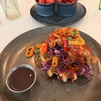 Collins Quarter at Forsyth - Gochujang BBQ Fried Chicken, Jalapeño Syrup, Red Cabbage Slaw, Sesame Seeds, Marinated Sweet Peppers, Scallions, Sugar Crystal Waffle - New American Near Me - Savannah, Georgia Collins Quarter at Forsyth - Gochujang BBQ Fried Chicken, Jalapeño Syrup, Red Cabbage Slaw, Sesame Seeds, Marinated Sweet Peppers, Scallions, Sugar Crystal Waffle - New American Near Me - Savannah, Georgia