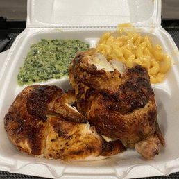 Half 1/2 Chicken White and Macaroni and Cheese and Creamed Spinach Half 1/2 Chicken White and Macaroni and Cheese and Creamed Spinach