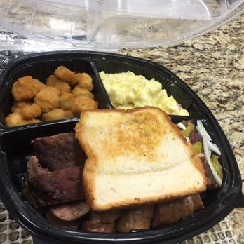 Dave's Smokehouse - 3 meat plate w/ two sides - Barbeque Near Me - Seabrook, Texas