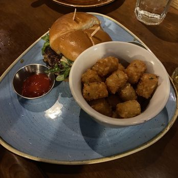 Whispering Vine - Burger with truffle oil tater tots and dill ranch - Wine Bars Near Me - Reno, Nevada