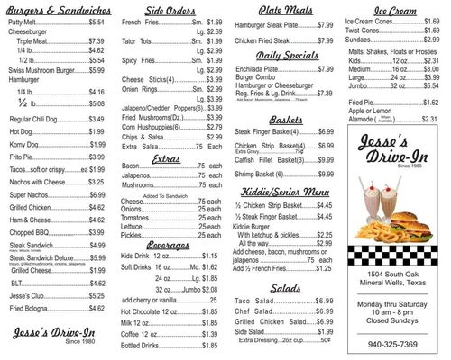 Menu photo 1 Jesse's Drive In Mineral Wells, TX