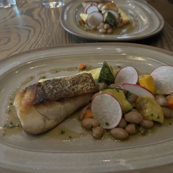 Trestle - Crispy-Skin Striped Bass with a white bean and summer squash succotash - New American Near Me - San Francisco, California Trestle - Crispy-Skin Striped Bass with a white bean and summer squash succotash - New American Near Me - San Francisco, California