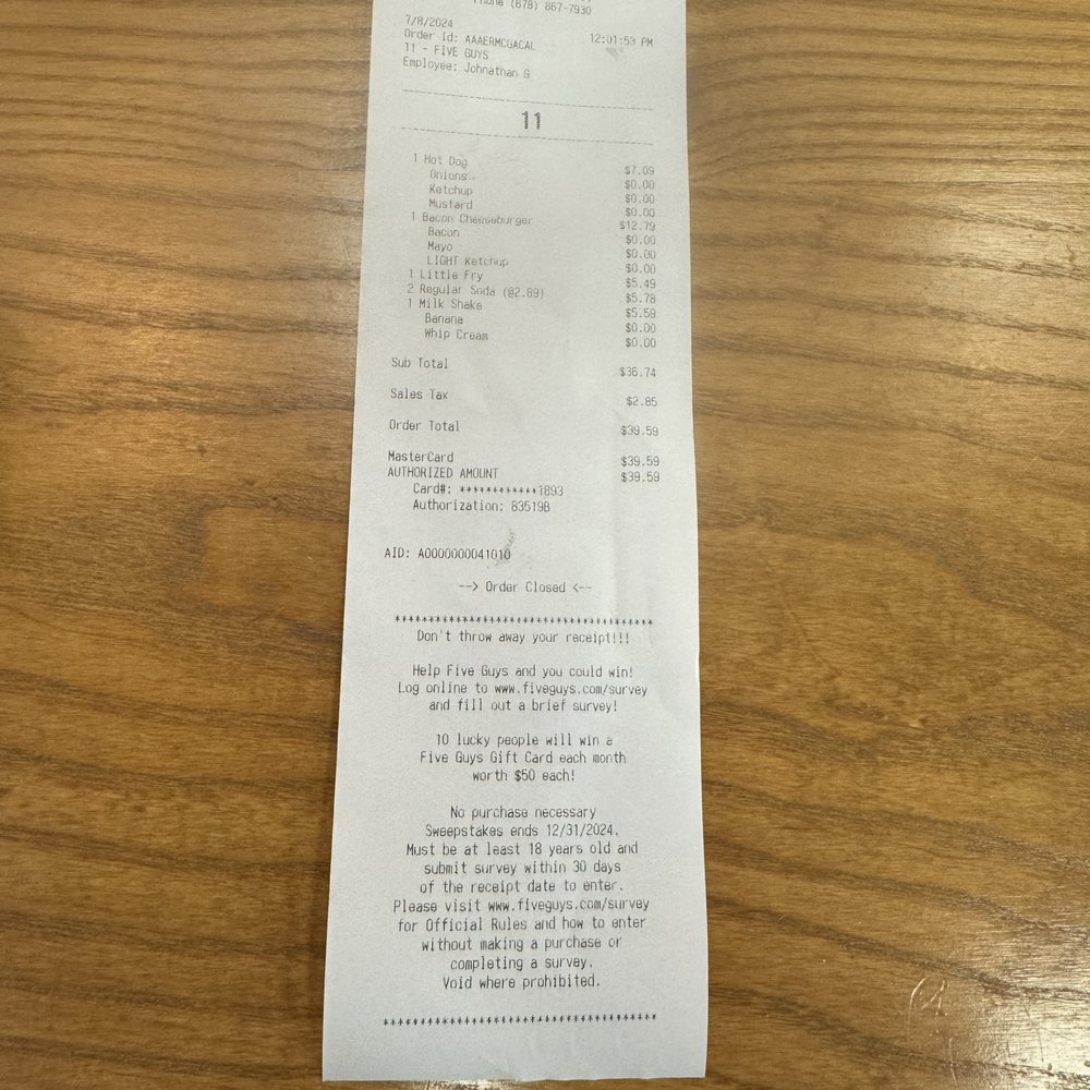 Five Guys - Receipt - Burgers Near Me - Alpharetta, Georgia