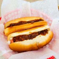Brighton Hot Dog Shoppe - One hot dog is a chili cheese dog and the closer hot dog is "everything"