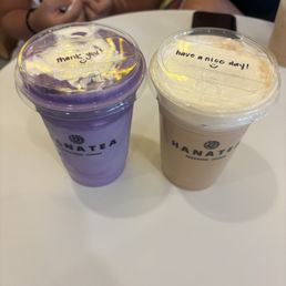 Ube milk tea with cheese cap (left); brown sugar milk tea with cheese cap right Ube milk tea with cheese cap (left); brown sugar milk tea with cheese cap right
