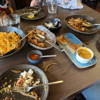 Aung Burma - Black Pepper Shrimp, Palatha, salt and pepper tofu, noodle salad and rice.  All great! - Burmese Near Me - Concord, California