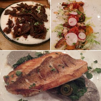 Rustic Root - Some of the delectable plates at Rustic Root: crispy duck grits, charred octopus, red snapper with leek sauce and fiddlehead ferns. - New American Near Me - Woodbury, New York Rustic Root - Some of the delectable plates at Rustic Root: crispy duck grits, charred octopus, red snapper with leek sauce and fiddlehead ferns. - New American Near Me - Woodbury, New York