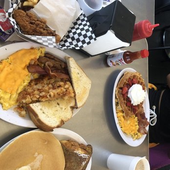 Beeps Fast Food - Deluxe Breakfast (i think) it's whatever the biggest breakfast offered is. Three piece chicken strips & the Belgian Waffle Deluxe - Fast Food Near Me - Van Nuys, California