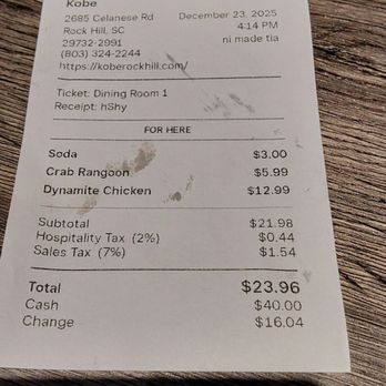 Kobe - Receipt - Japanese Near Me - Rock Hill, South Carolina Kobe - Receipt - Japanese Near Me - Rock Hill, South Carolina