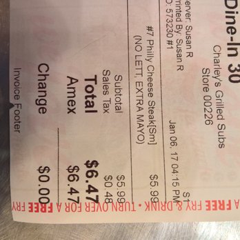 Charleys Cheesesteaks - I don't usually look at the receipt but now that I am, I see they forgot to charge me for 'extra.' Umm, okay! - Sandwiches Near Me - Fresno, California Charleys Cheesesteaks - I don't usually look at the receipt but now that I am, I see they forgot to charge me for 'extra.' Umm, okay! - Sandwiches Near Me - Fresno, California