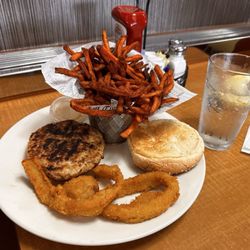 Zona Out East - Turkey burger, onion rings, and fantastic sweet potato fries.