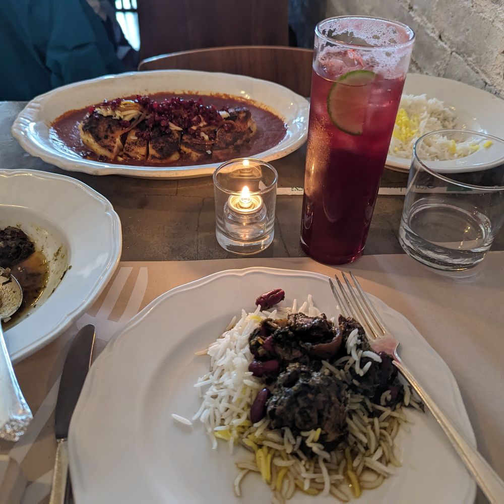 Sofreh - Beef stew with dried Persian limes; half chicken with a velvety apricot ginger sauce. - Persian/Iranian Near Me - Brooklyn, New York Sofreh - Beef stew with dried Persian limes; half chicken with a velvety apricot ginger sauce. - Persian/Iranian Near Me - Brooklyn, New York