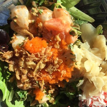 Poke Bar - Spring mix, salmon, scallops, seaweed, masago, jalapeño, ginger, imitationcrab, kale, cilantro-tossed in spicy mayo topped w/ crispy onions. - Hawaiian Near Me - El Segundo, California