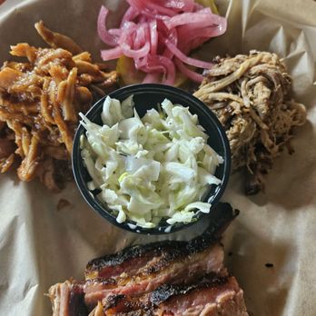 Brother Jimmys BBQ - Slider Trio without the bread: brisket, pulled pork, pulled chicken - Barbeque Near Me - Orlando, Florida