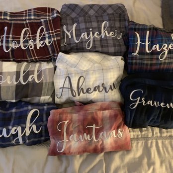 ROOSTERSCRUBS - Flannels embroidered with bride and bridesmaids' last names! - Embroidery & Crochet Near Me - Los Angeles, California ROOSTERSCRUBS - Flannels embroidered with bride and bridesmaids' last names! - Embroidery & Crochet Near Me - Los Angeles, California