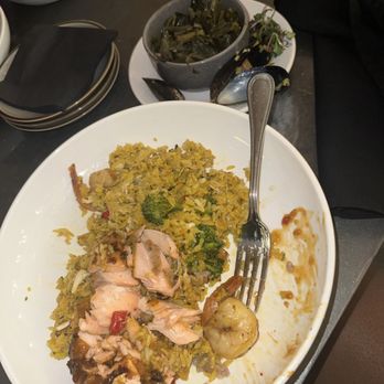 Smith and Webster - Salmon over seafood rice with a side of greens - Southern Near Me - Miami, Florida Smith and Webster - Salmon over seafood rice with a side of greens - Southern Near Me - Miami, Florida